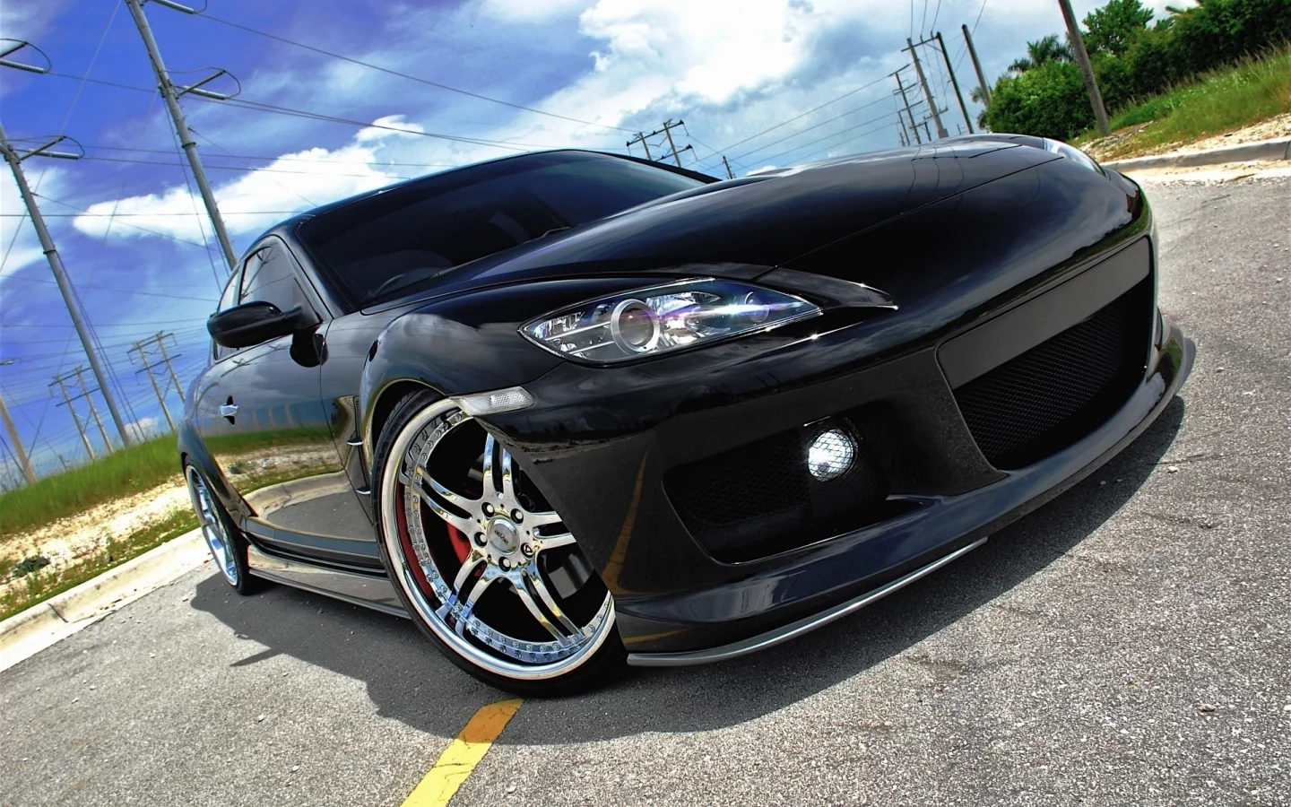 черная, машины, фары, авто, Mazda, RX-8, дорога, автомобили