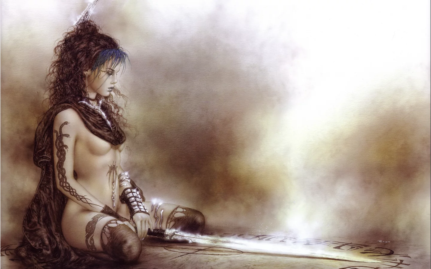 синие волосы, luis royo, татуировка, руны, рисунок, обнажённая, меч