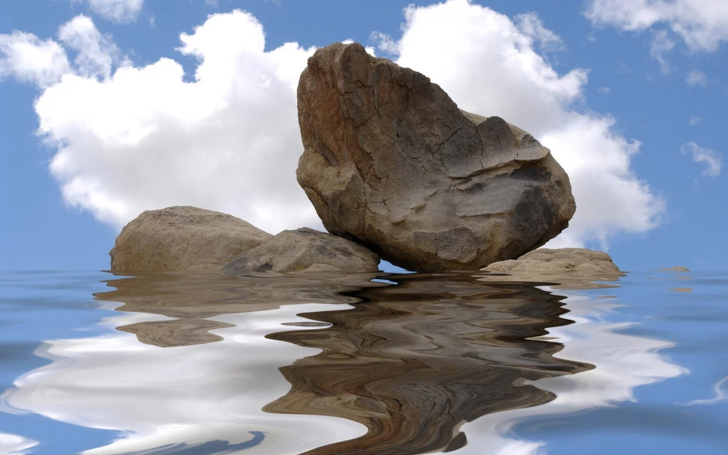 вода, небо, отражение, облака, камни