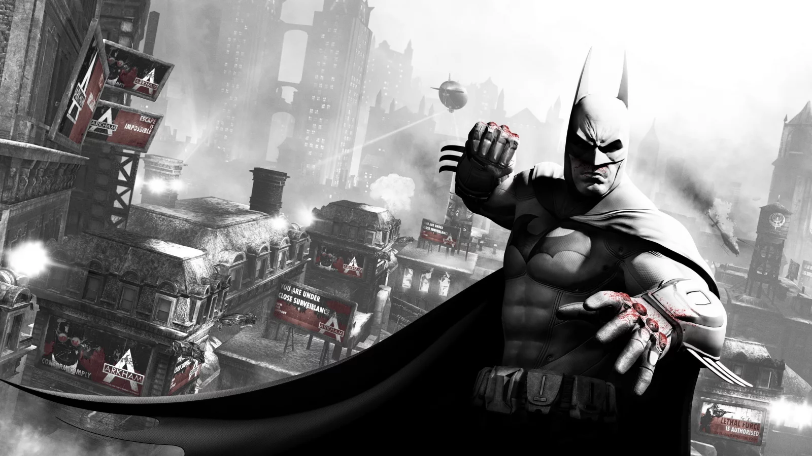 batman, готэм, кровь, бэтмен, город, кулак, arkham city, дирижабль