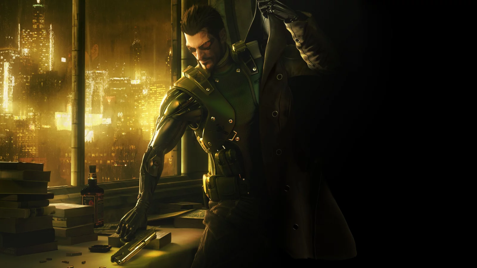 jensen, виски, adam, пистолет, робот, книги, deus ex, город, human revolution, плащ