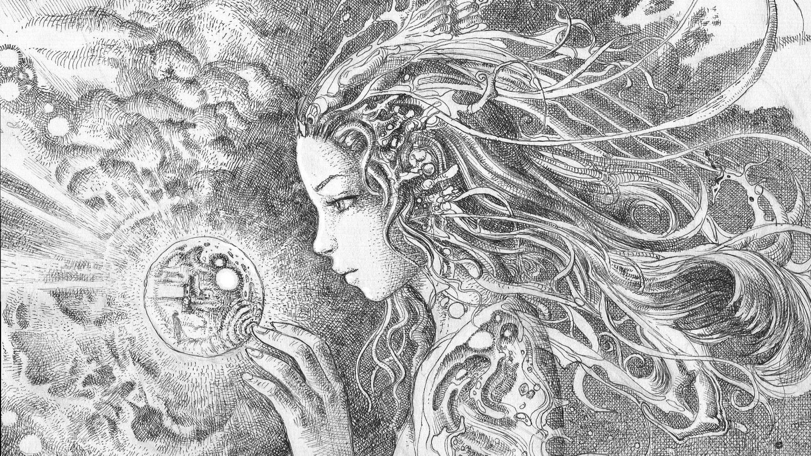 рисунок, свет, девушка, шар
