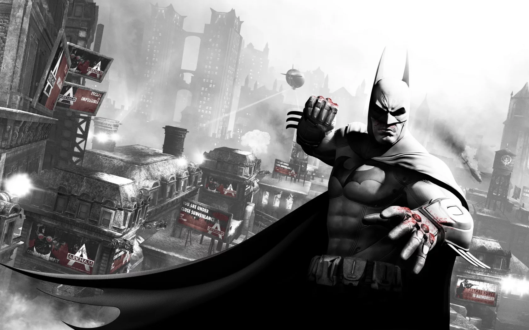 batman, готэм, кровь, бэтмен, город, кулак, arkham city, дирижабль