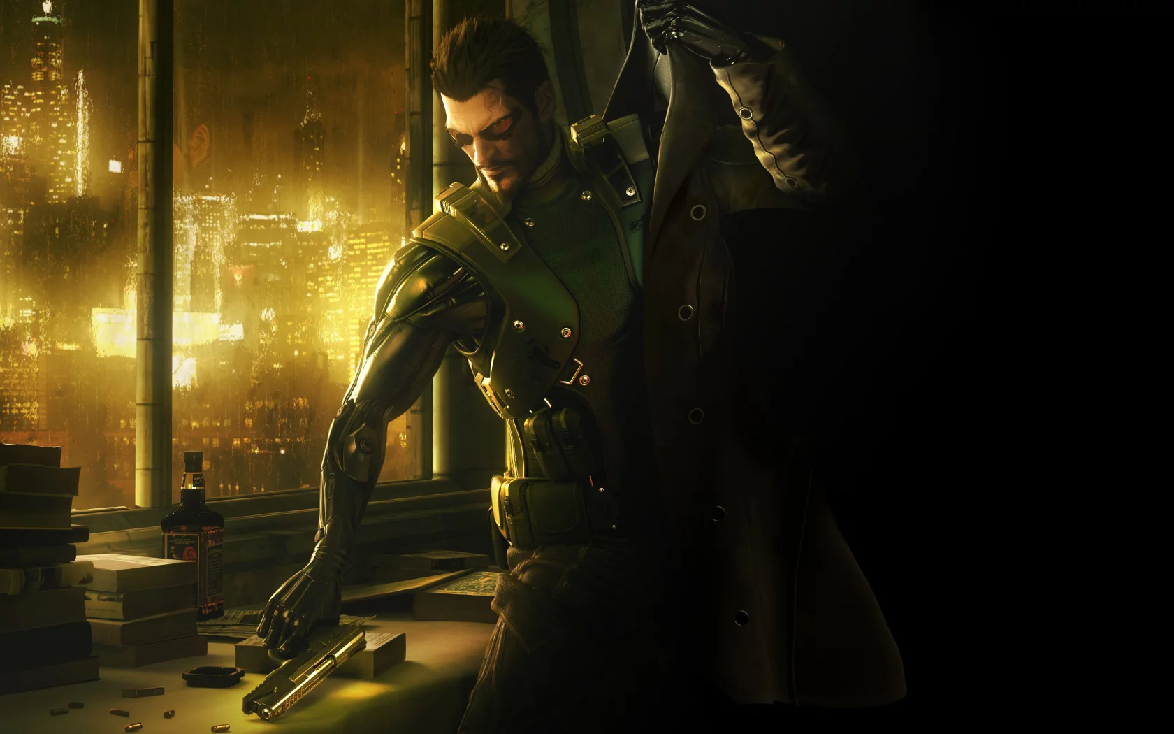 jensen, виски, adam, пистолет, робот, книги, deus ex, город, human revolution, плащ