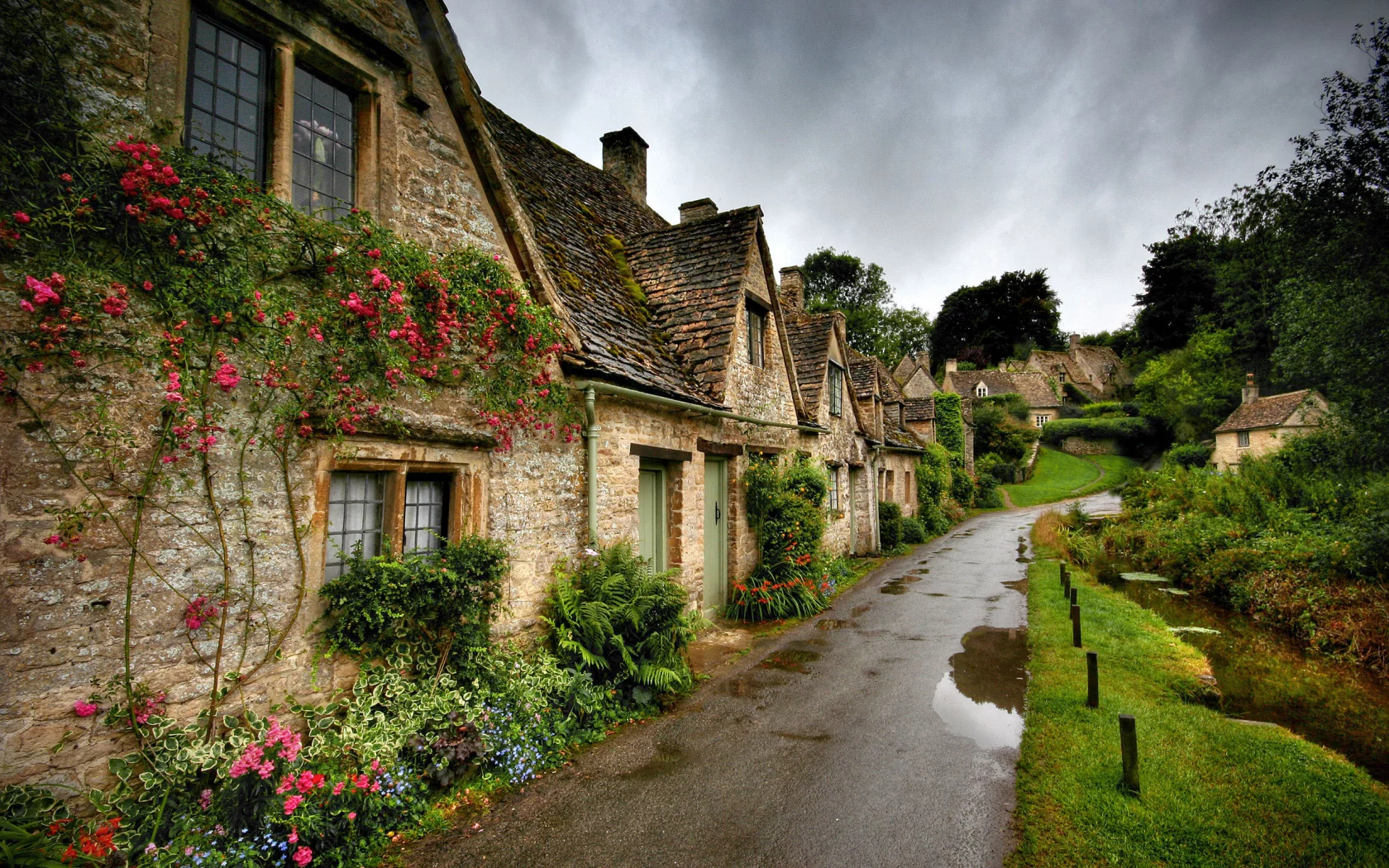 дома, коттеджи, дождь, лето, bibury, цветы, англия