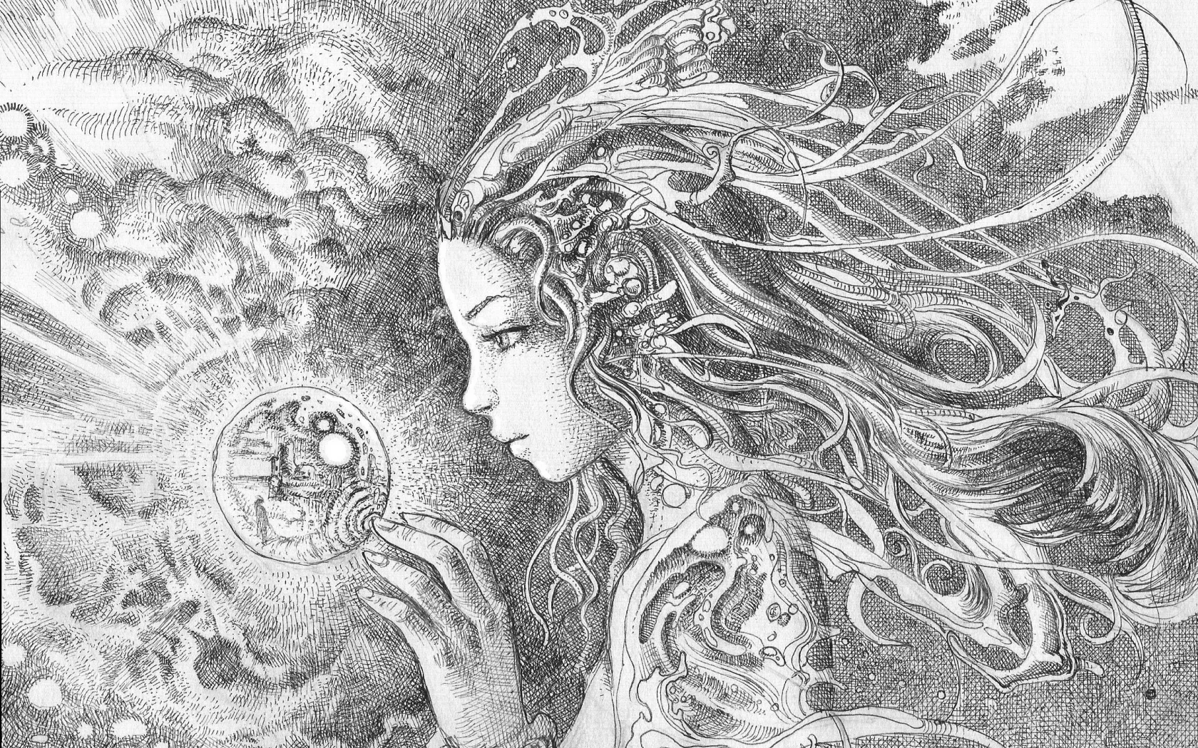 рисунок, свет, девушка, шар