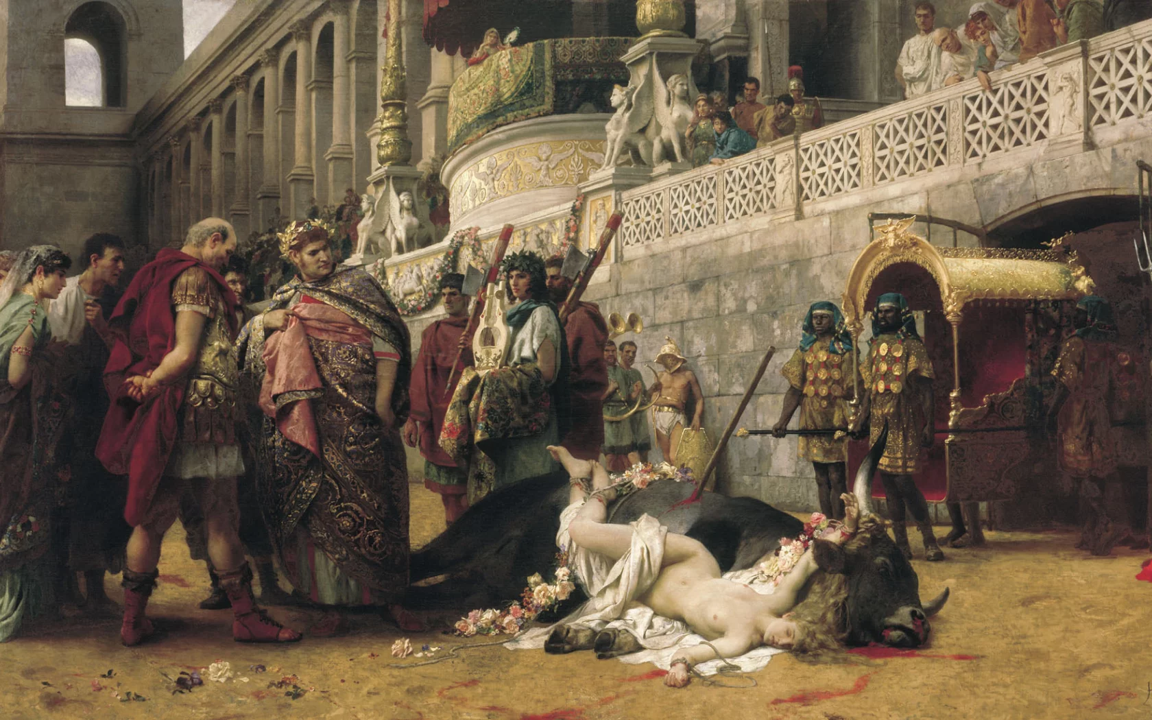 дева, цветы, кровь, дирцея, тиран, праздник аполлона, жертва, картина, бык, цирк, семирадский, венок, нерон
