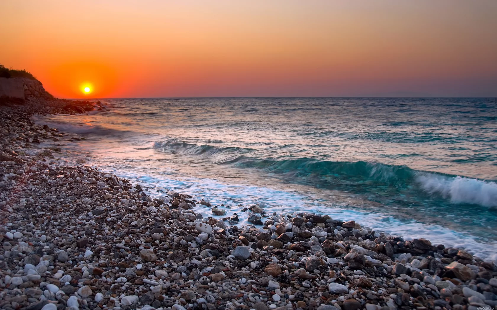 закат, галька, море, горизонт, волны