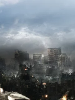 город, небоскрёбы, дым, огонь, разрушение
