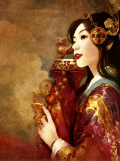 девушка, рисунок, туман, шёлк, облака, азиатка