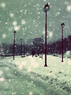 фонари, снег, снегопад, набережная