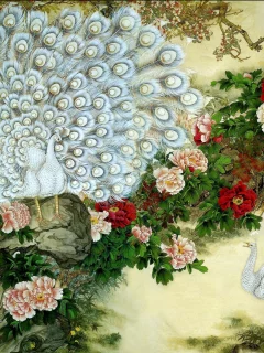 пара, павлины, цветы, рисунок