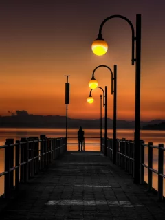 мостки, фонарь, море, небо, природа, вечер, закат