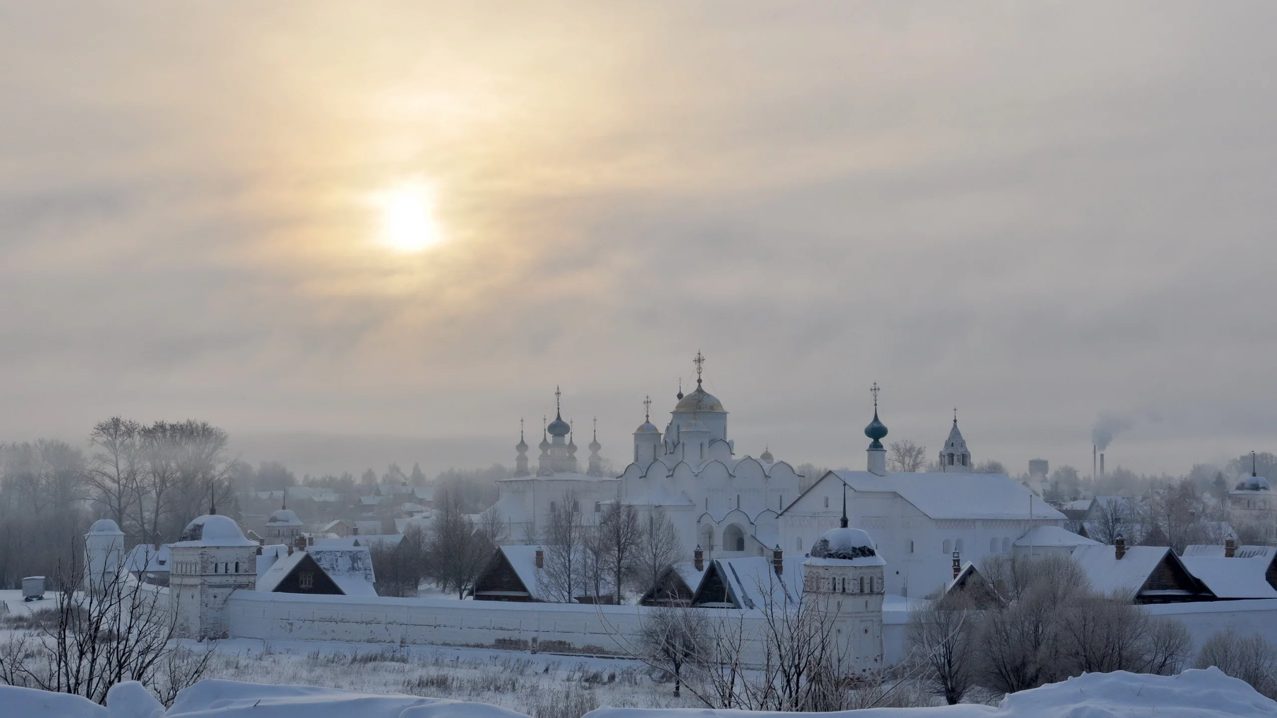 природа, закат, зима, храм, снег