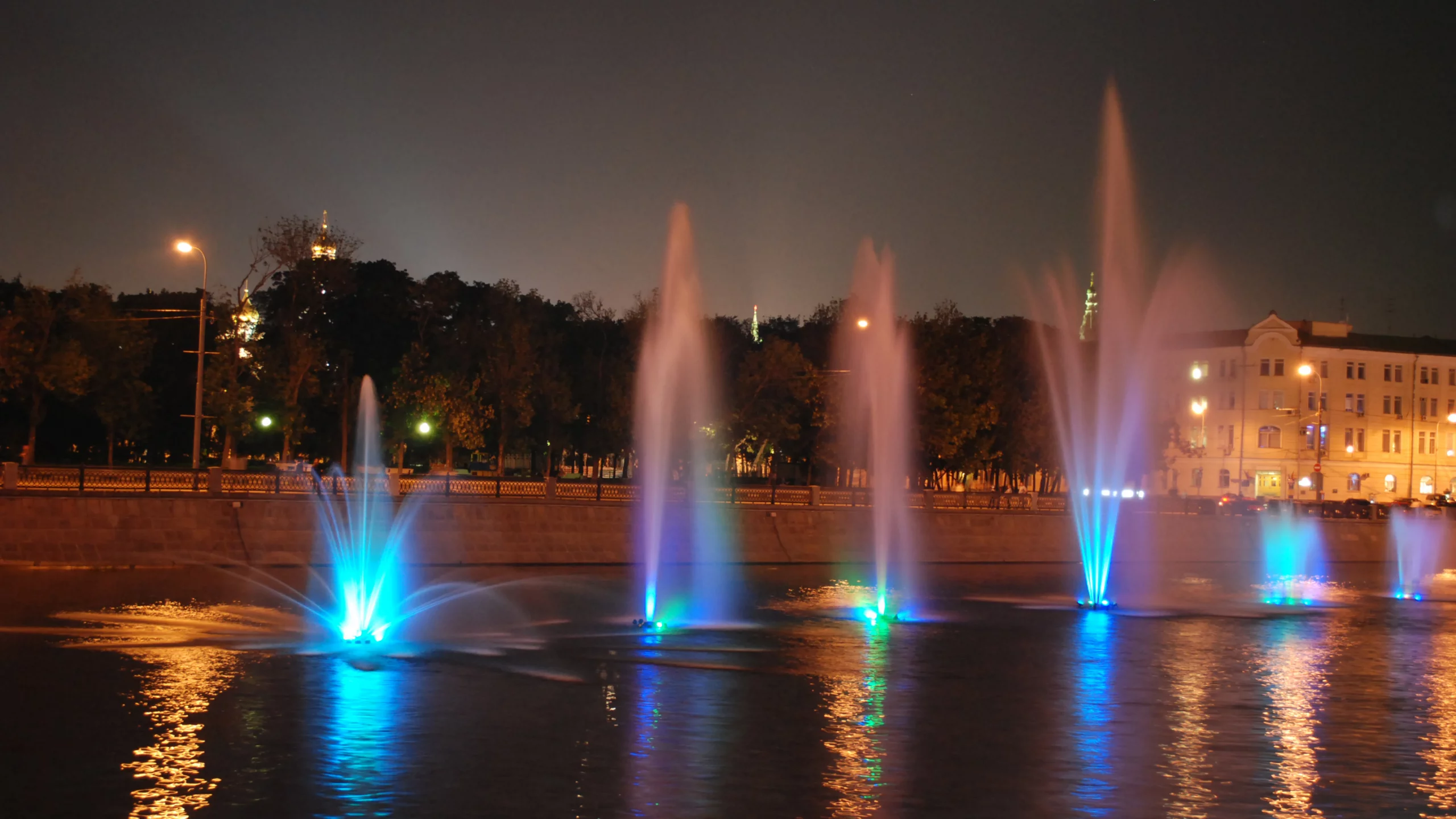 москва, река, фонтаны, ночь, огни