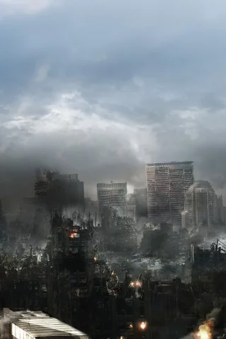 город, небоскрёбы, дым, огонь, разрушение