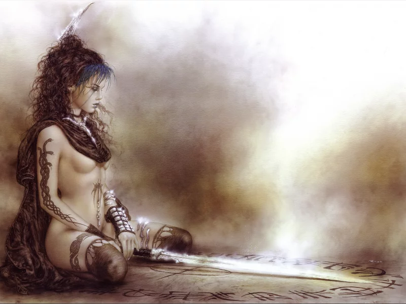 синие волосы, luis royo, татуировка, руны, рисунок, обнажённая, меч
