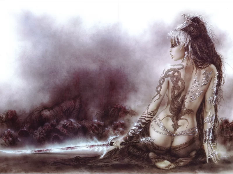 меч, спина, татуировка, luis royo, рисунок