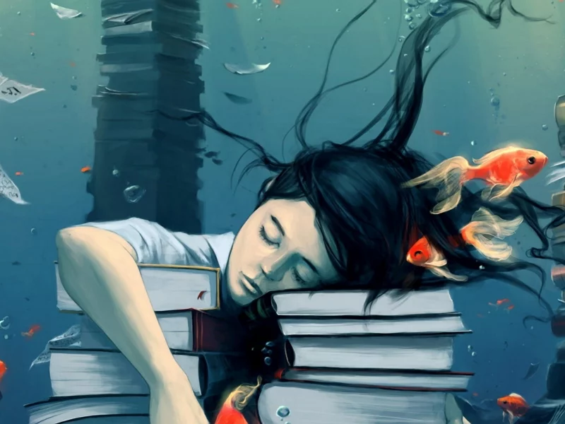 вода, книги, рыбки, учеба, девушка, спокойствие, пузыри, мечты, сон