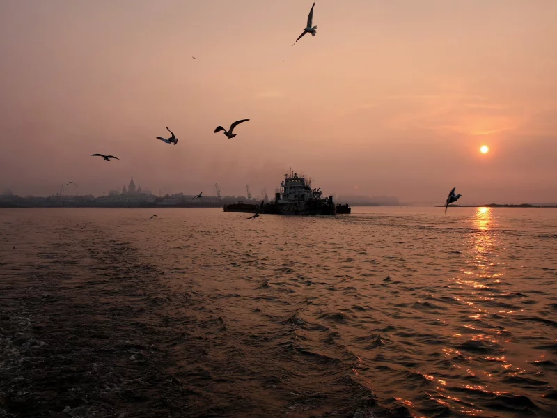 море, ночь, корабль, залив