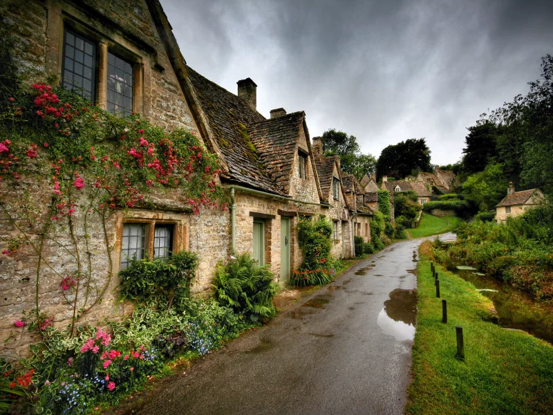 дома, коттеджи, дождь, лето, bibury, цветы, англия
