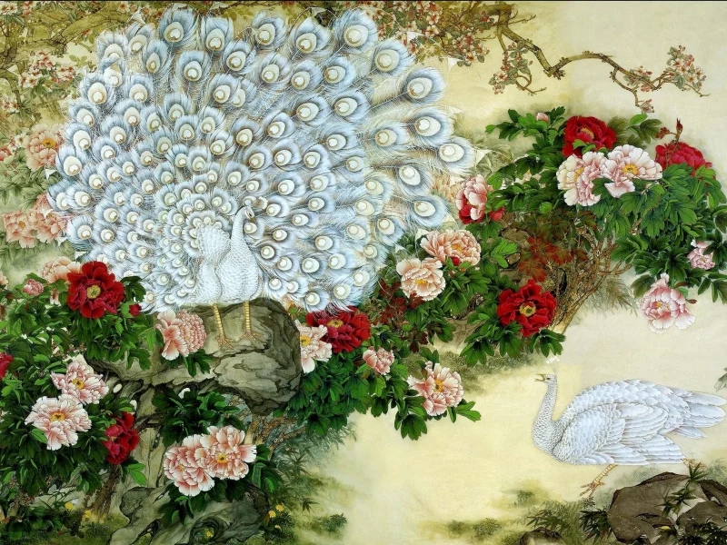 пара, павлины, цветы, рисунок