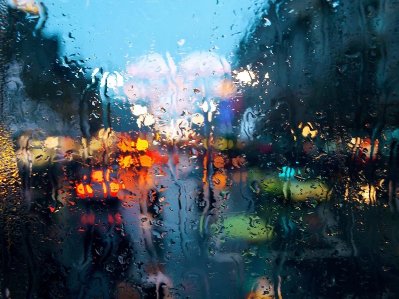 город, огни, капли, стекло, дождь
