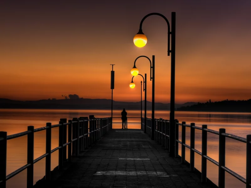 мостки, фонарь, море, небо, природа, вечер, закат
