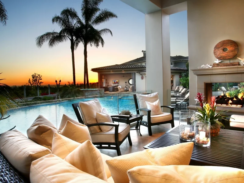 sunset, pool, style, flowers, sky, night, palm trees, summer, fire, clouds, nature
