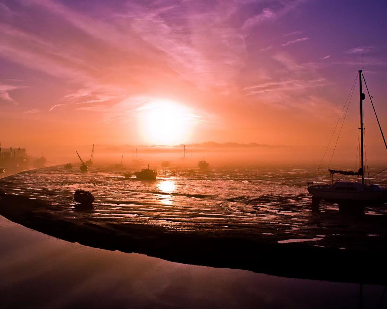 пейзаж, утро, море, туман, яхта, рассвет