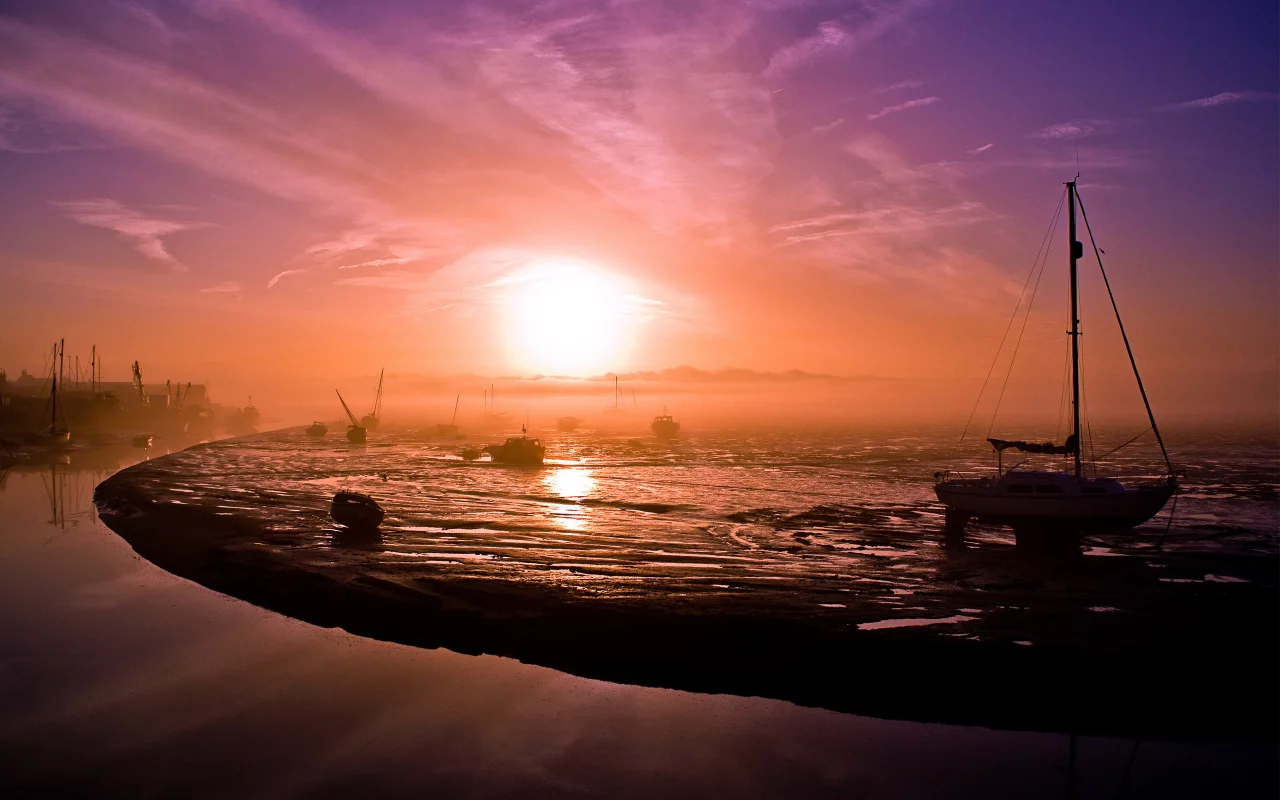 пейзаж, утро, море, туман, яхта, рассвет