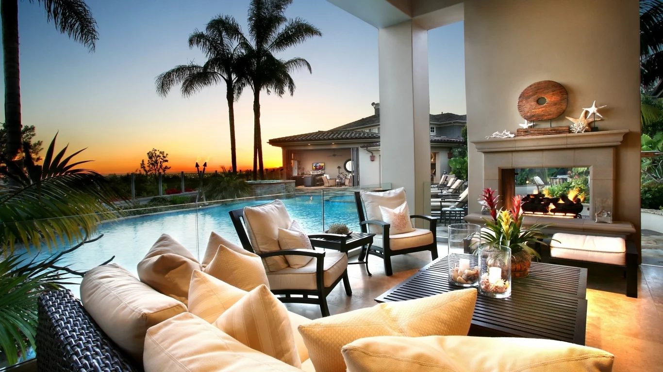 nature, sky, palm trees, style, pool, fire, summer, flowers, clouds, night, sunset