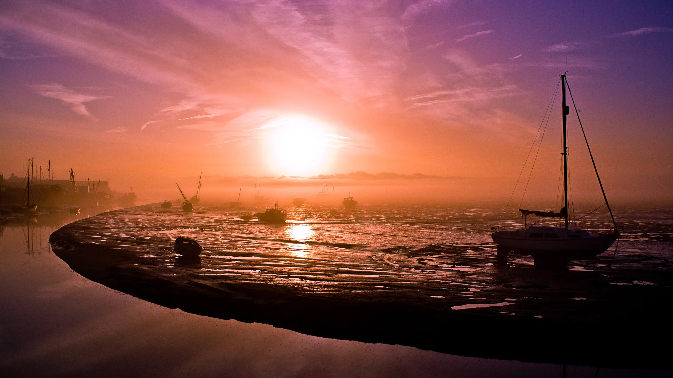пейзаж, утро, море, туман, яхта, рассвет