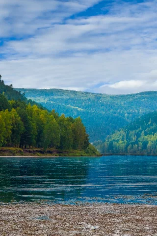 туман, облака, река, горы, небо, лес