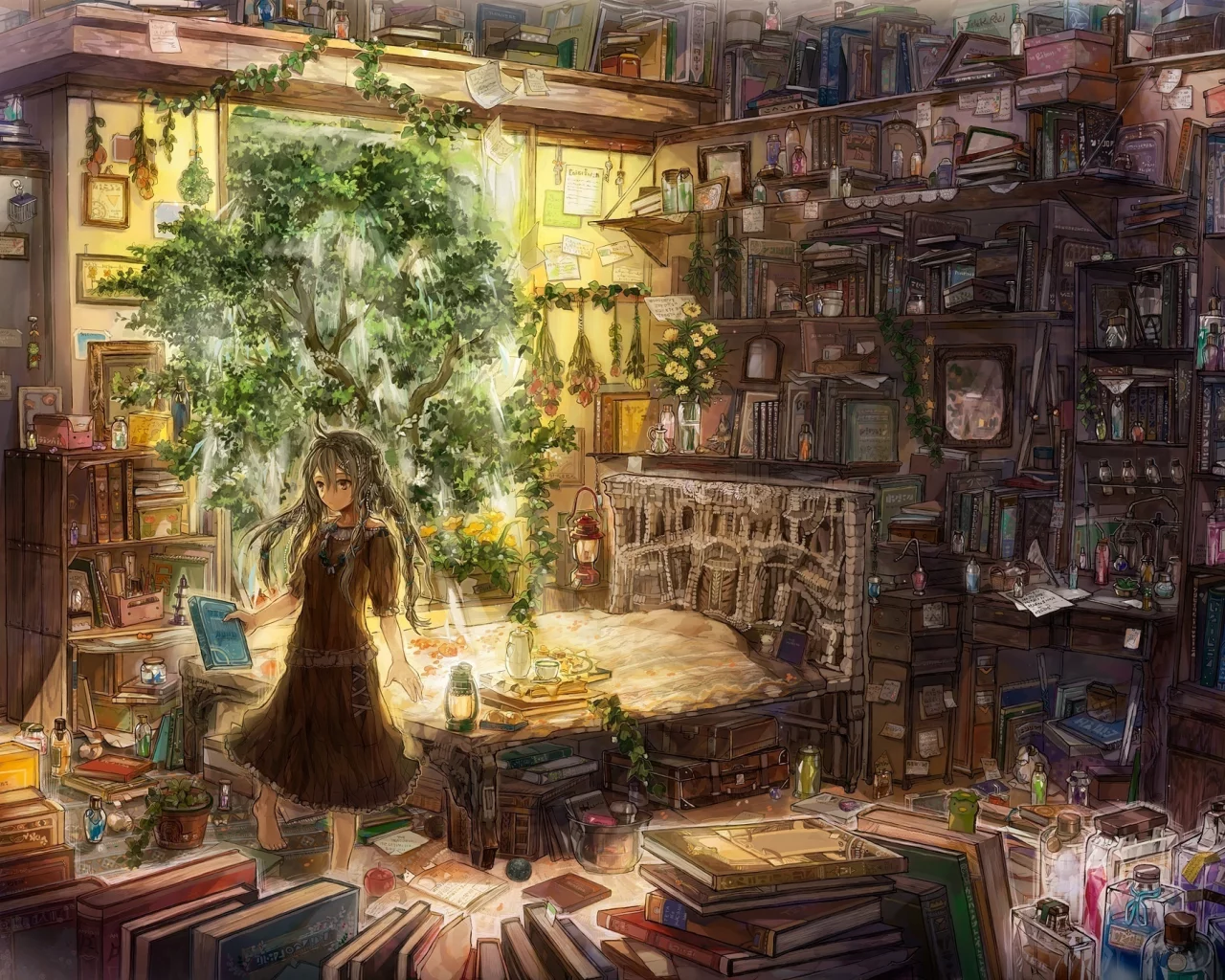 травы, девочка, рецепты, экстракты, зелья, лампы, книги, растения, зертезебиль