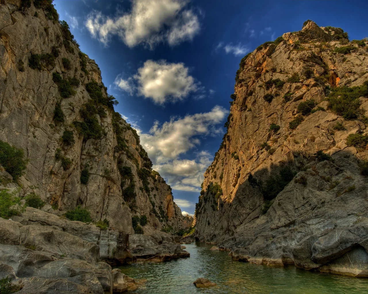 небо, вода, облака, горы, река