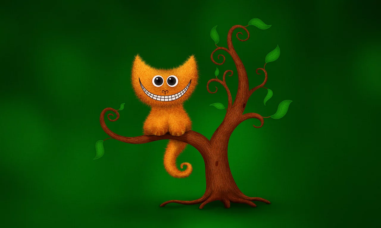 юмор, дерево, улыбка, зеленый, чеширский кот, кот