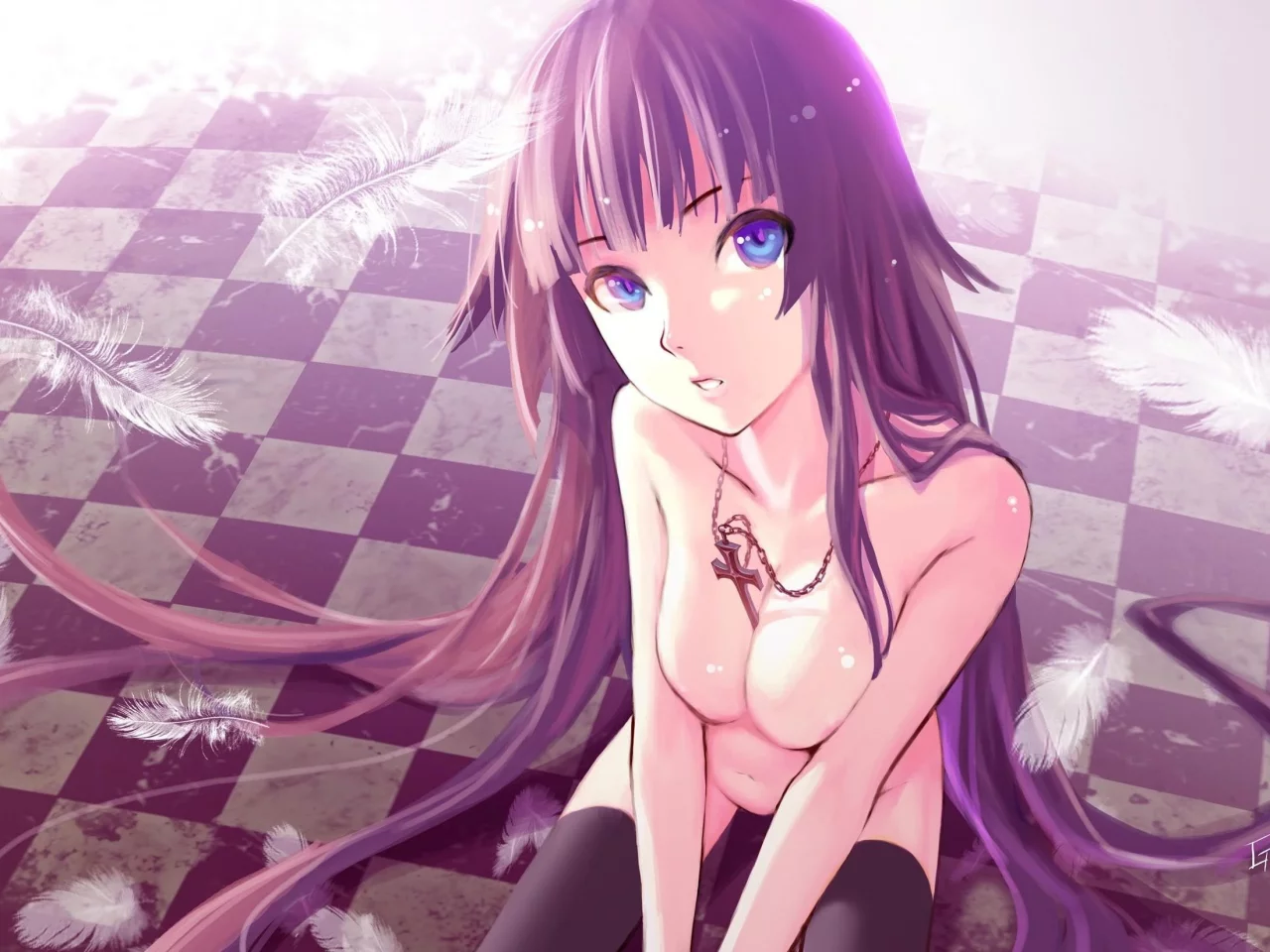 крест, волосы, грудь, bakemonogatari