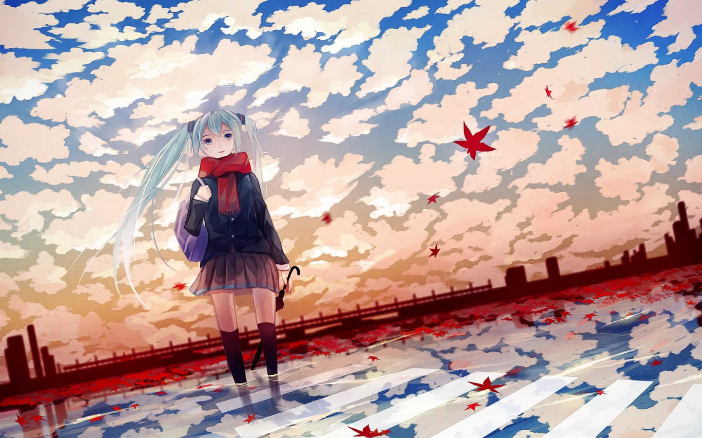 листочки, vokaloid, Обои аниме, зонтик, осень, мику, anime, вокалоид, девочка