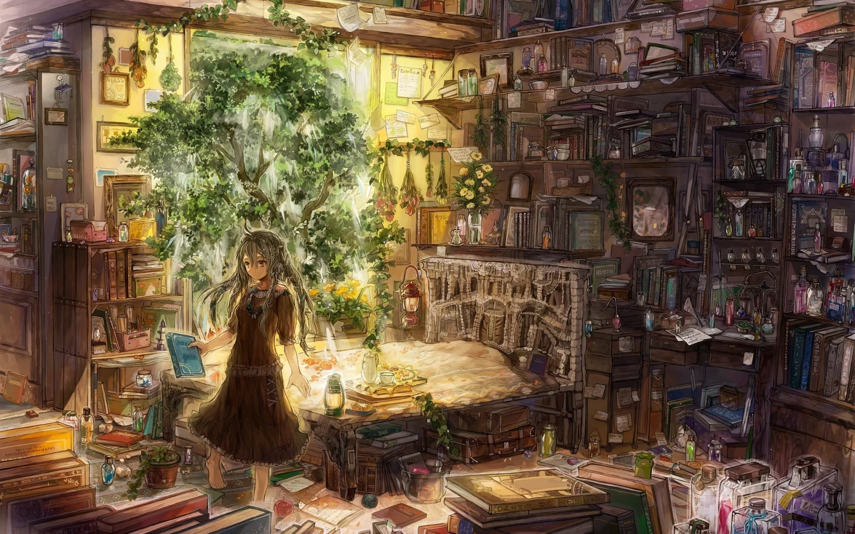 травы, девочка, рецепты, экстракты, зелья, лампы, книги, растения, зертезебиль
