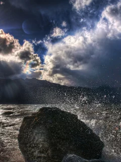 лучи, море, солнце, брызги, облака