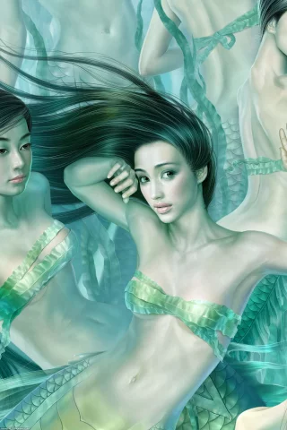 водоросли, вода, девушки, русалки