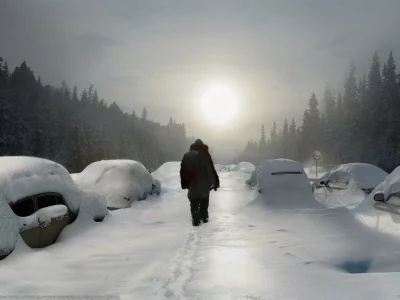зима, дорога, лес, машины, снег