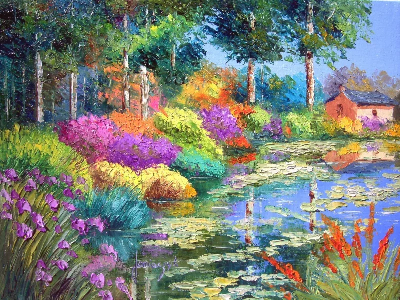 дерево, природа, пейзаж, домик, разноцветные, цветы, радуга, яркие, деревья, дом