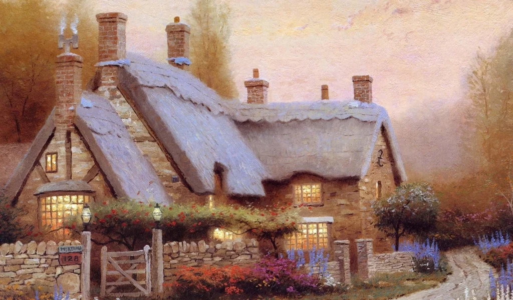 живопись, лето, thomas kinkade, домик, картина, коттедж, цветы, кинкейд