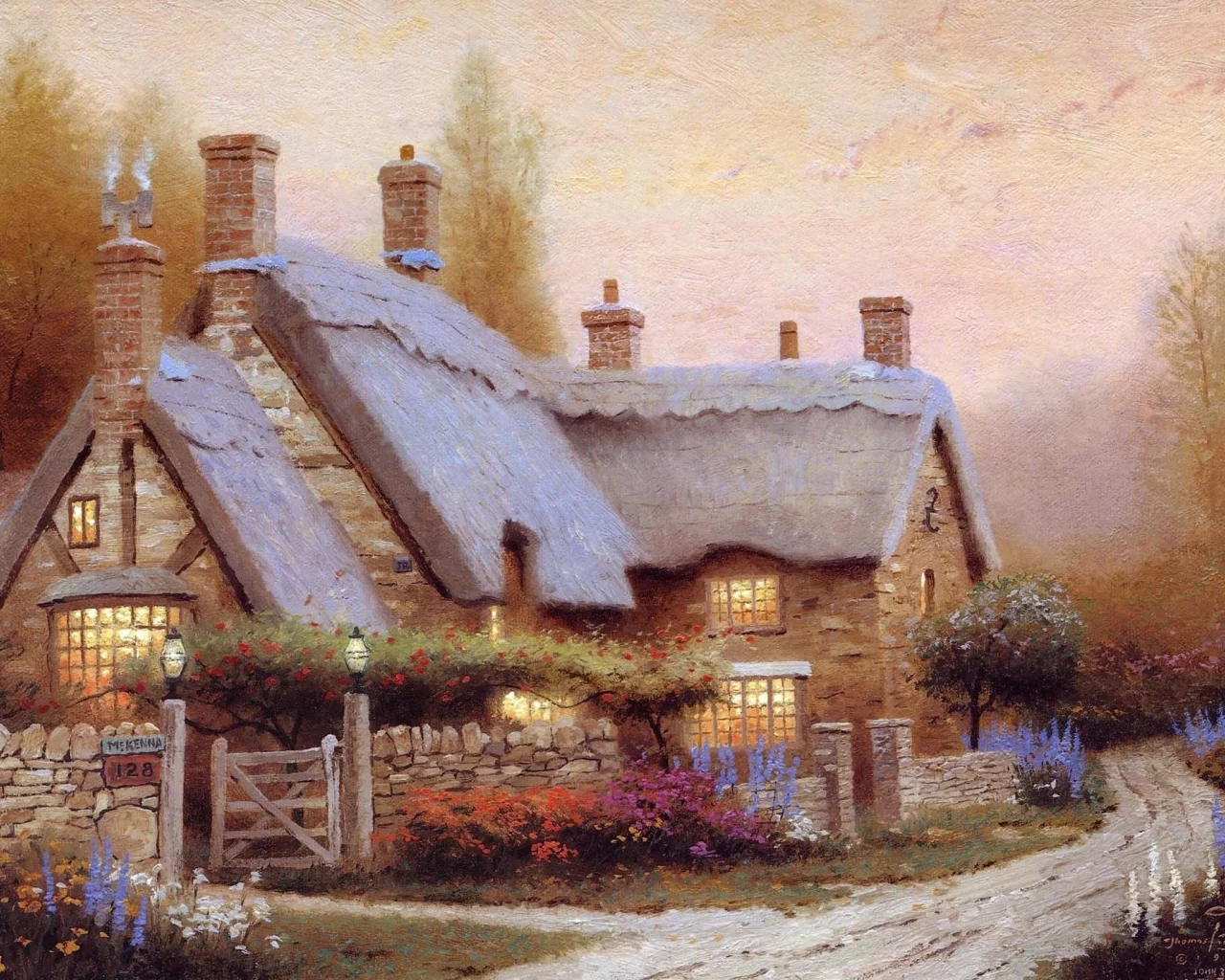 живопись, лето, thomas kinkade, домик, картина, коттедж, цветы, кинкейд