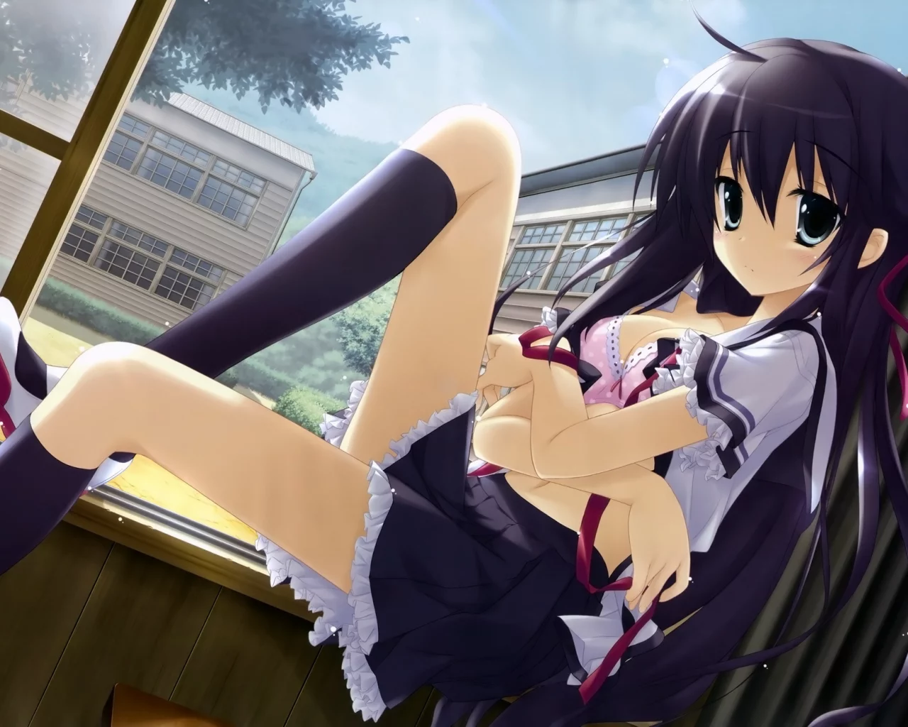 девушка, окно, kanou kayoko, двор, солнце, Koiiro soramoyou, блики