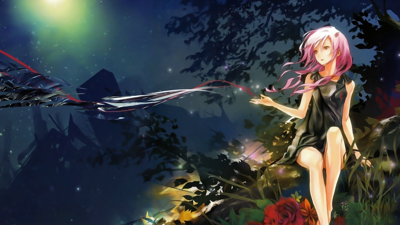 Картинка на рабочий стол guilty crown, цветы, ночь, аниме, девушка, взгляд,  inori yuzuriha 1280 x 720