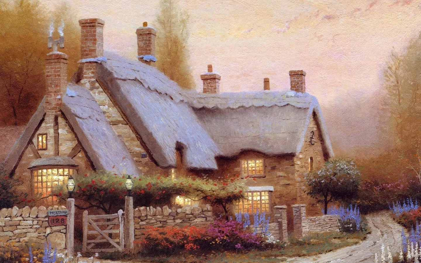 живопись, лето, thomas kinkade, домик, картина, коттедж, цветы, кинкейд
