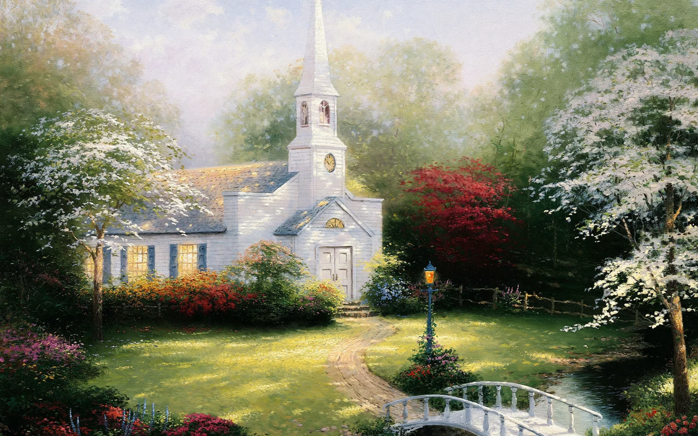 lamp, chapel, thomas kinkade, Hometown chapel, bridge, томас кинкейд, paintig